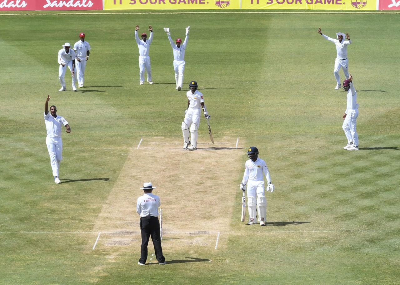 West Indies' players appeal for the wicket of nightwatchman Kasun Rajitha, West Indies v Sri Lanka, 2nd Test, St Lucia, 4th day, June 17, 2018