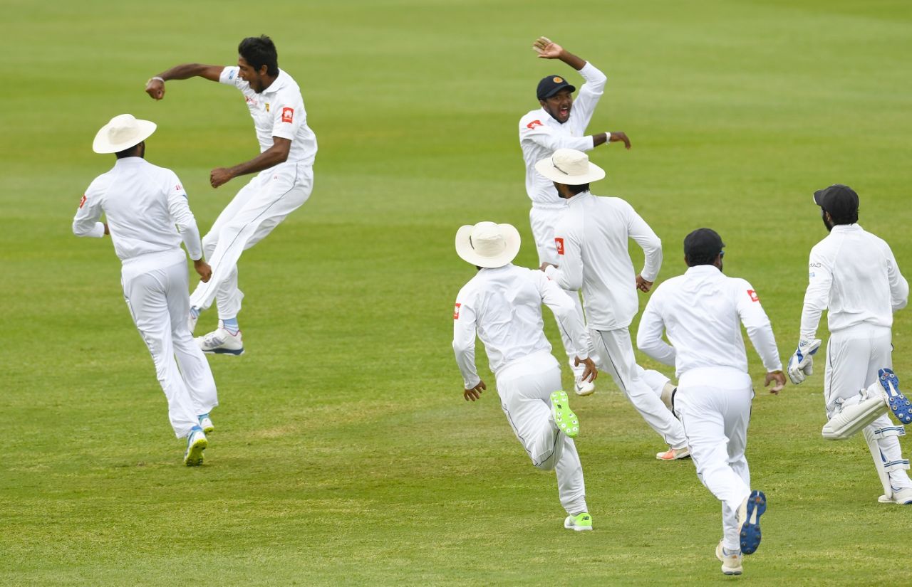 Sri Lanka's players animatedly celebrate a wicket, West Indies v Sri Lanka, 2nd Test, St Lucia, 5th day, June 18, 2018