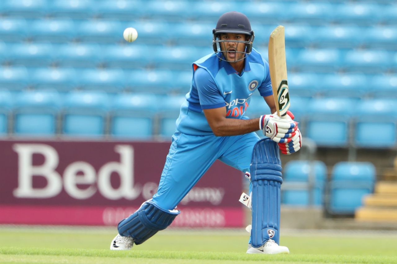 Mayank Agarwal plays a cautious forward defence, India A v ECB XI, June 16, 2018
