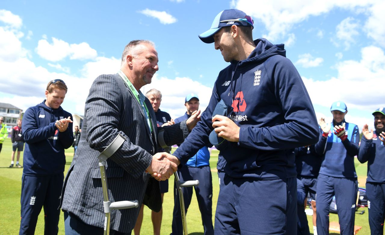 Craig Overton receives his ODI cap from Ian Botham, England v Australia, 4th ODI, Chester-le-Street, June 21, 2018