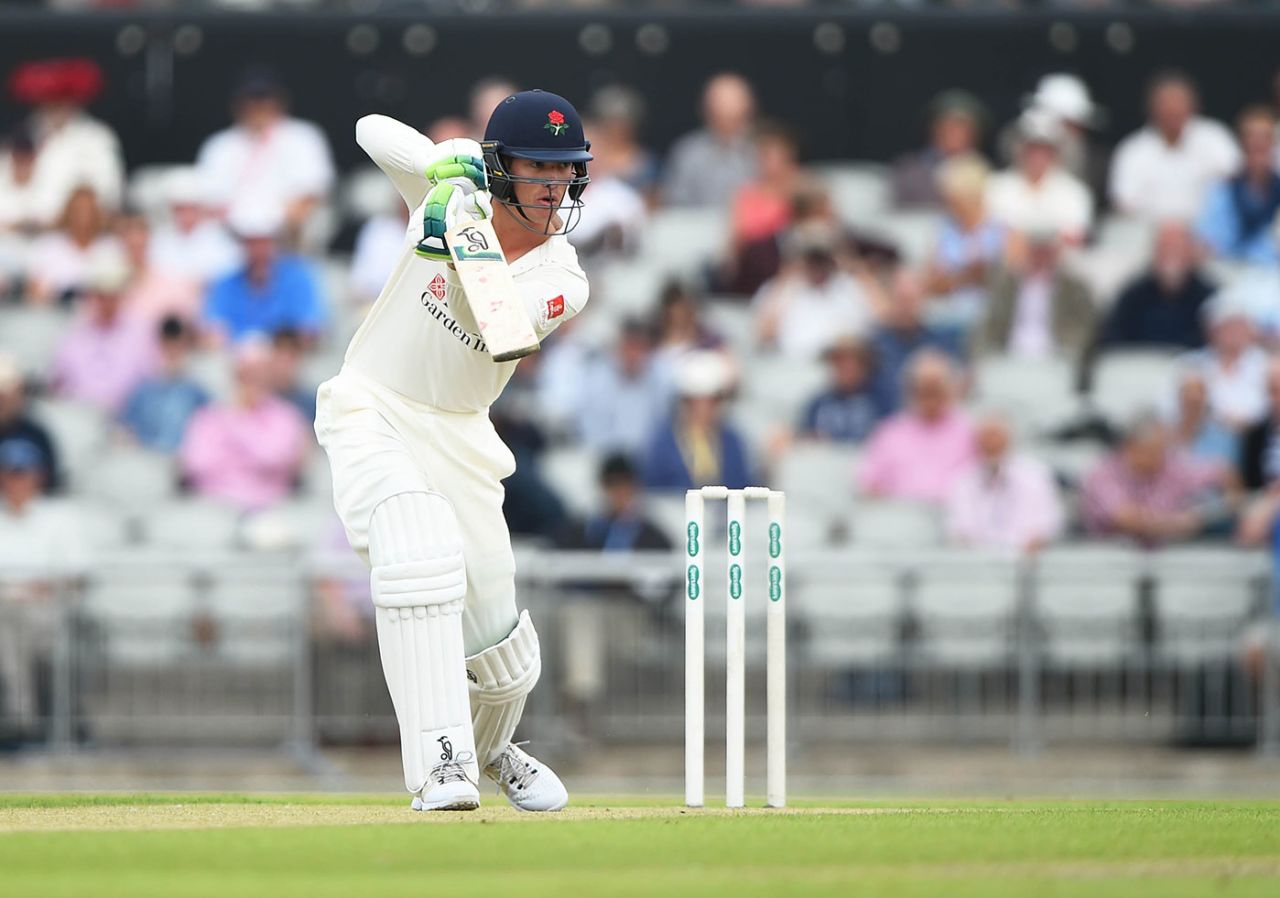 Keaton Jennings drives through the covers, Lancashire v Essex, Specsavers Championship, Division One, Old Trafford, June 9, 2018