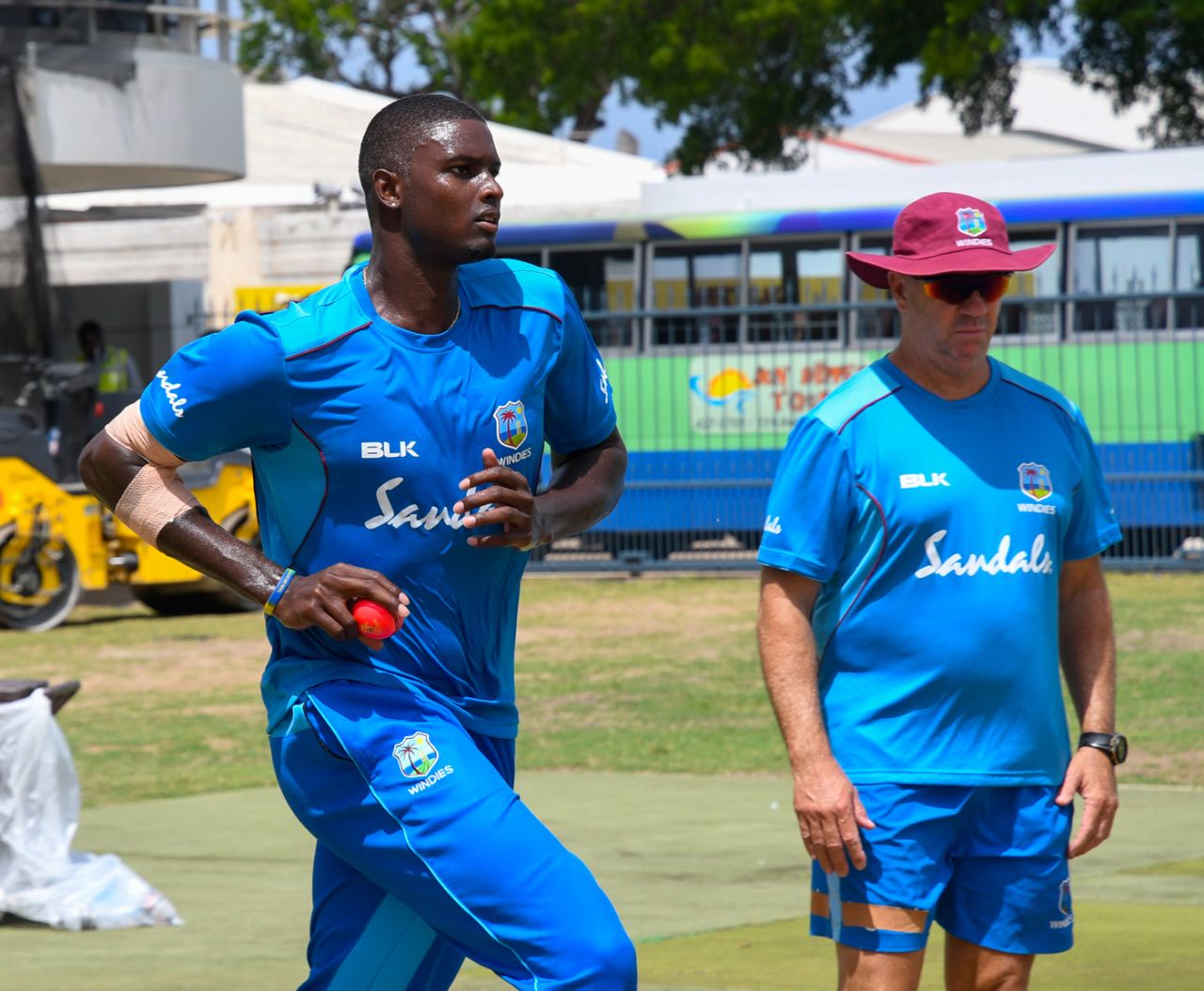 Jason Holder takes part in a training session with Stuart Law by his side, West Indies v Sri Lanka, 3rd Test, Barbados, June 22, 2018