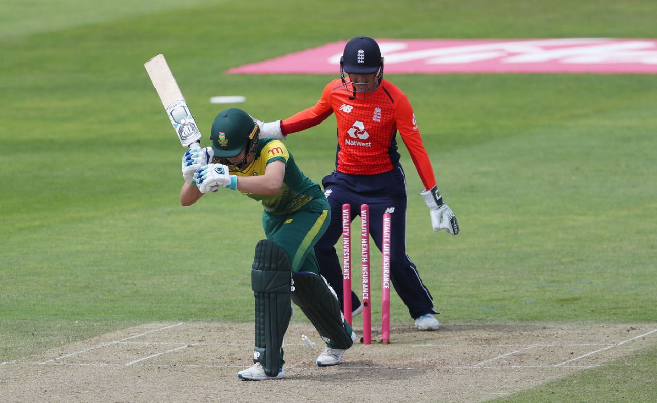 Laura Wolvaardt had her leg stump pegged back, England v South Africa, women's T20 tri-series, Taunton, June 23, 2018