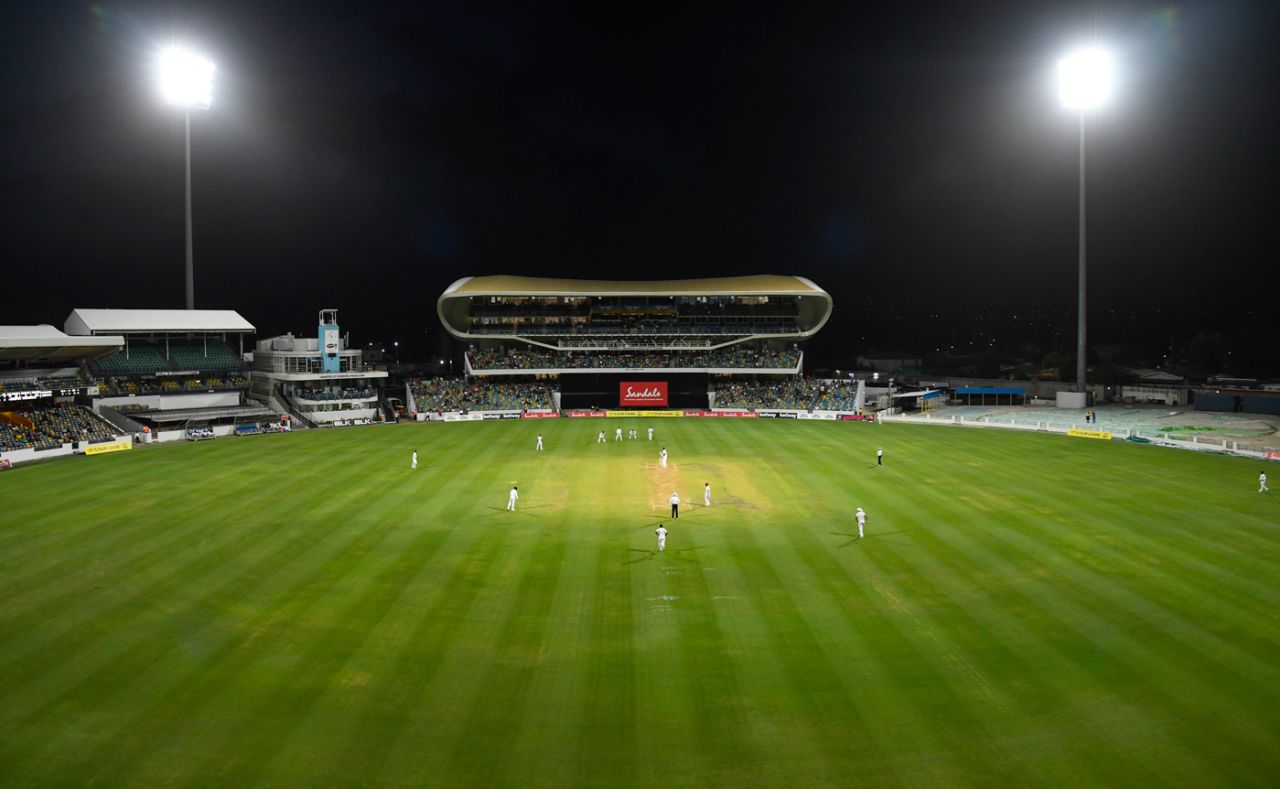 Three slips, gully, and floodlights surround the batsman at the Kensington Oval, West Indies v Sri Lanka, 3rd Test, Bridgetown, 1st day, June 23, 2018