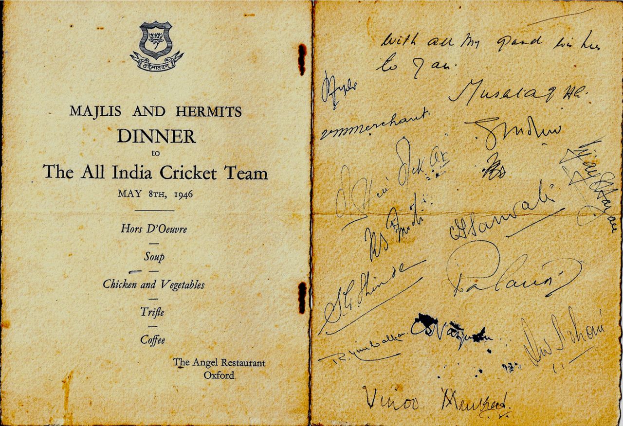 The menu for a dinner at Angel restaurant hosted by the Oxford Majlis Asian Society and the Hermits for the visiting Indian cricket team, 1946