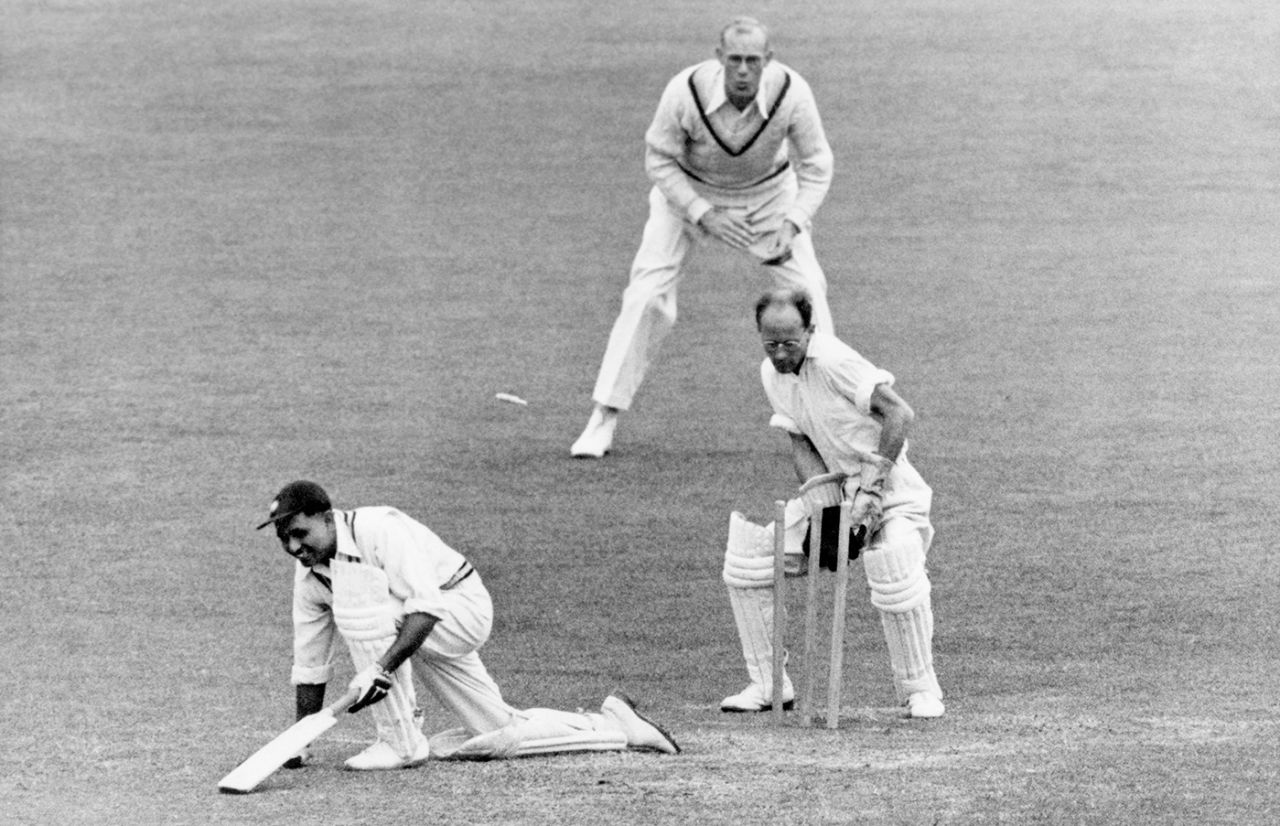 Wicketkeepr Paul Gibb watches the bails being dislodged after Lala Amarnath is bowled by Frank Smailes, England v India, 1st Test, 3rd day, June 25, 1946