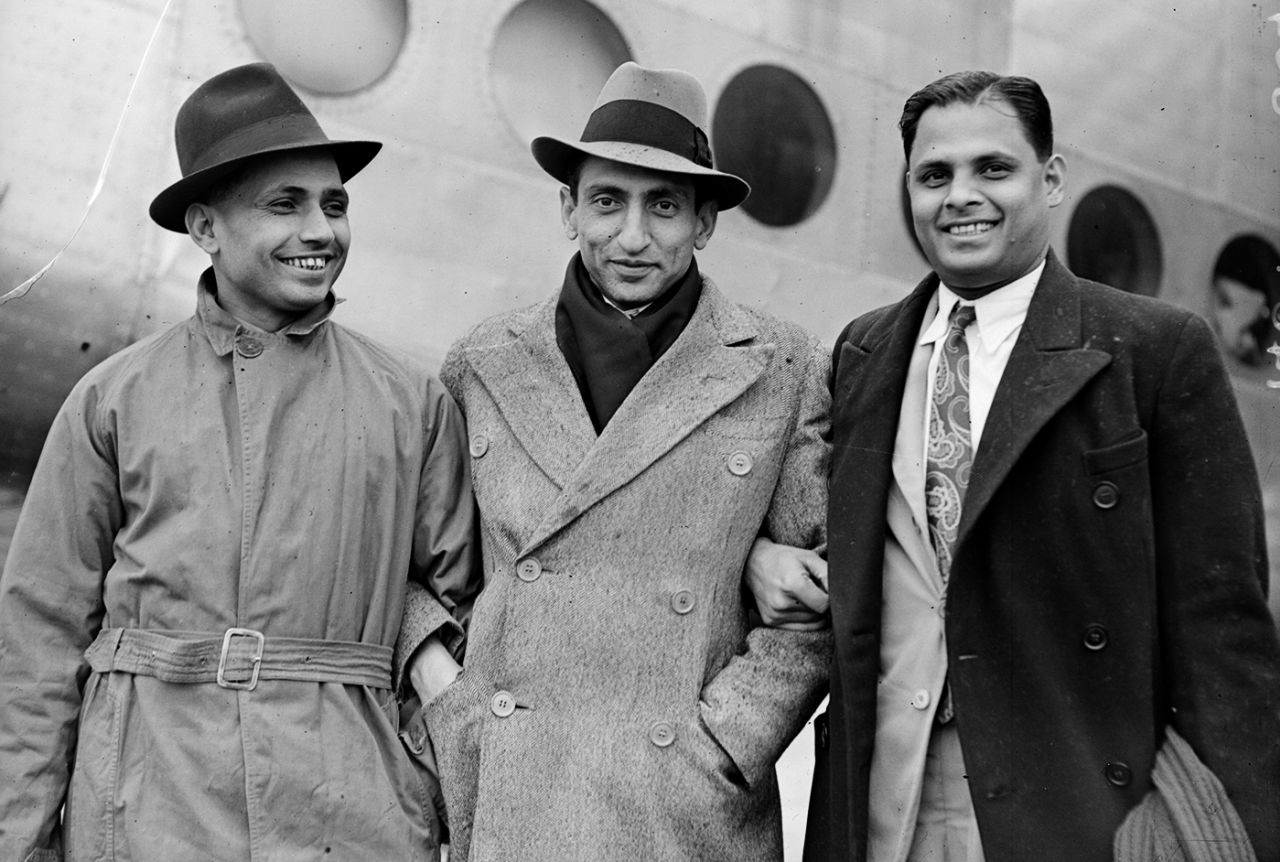 Lala Amarnath, Nawab of Pataudi snr and Shute Banerjee arrive in England for the 1946 India tour, Bournemouth