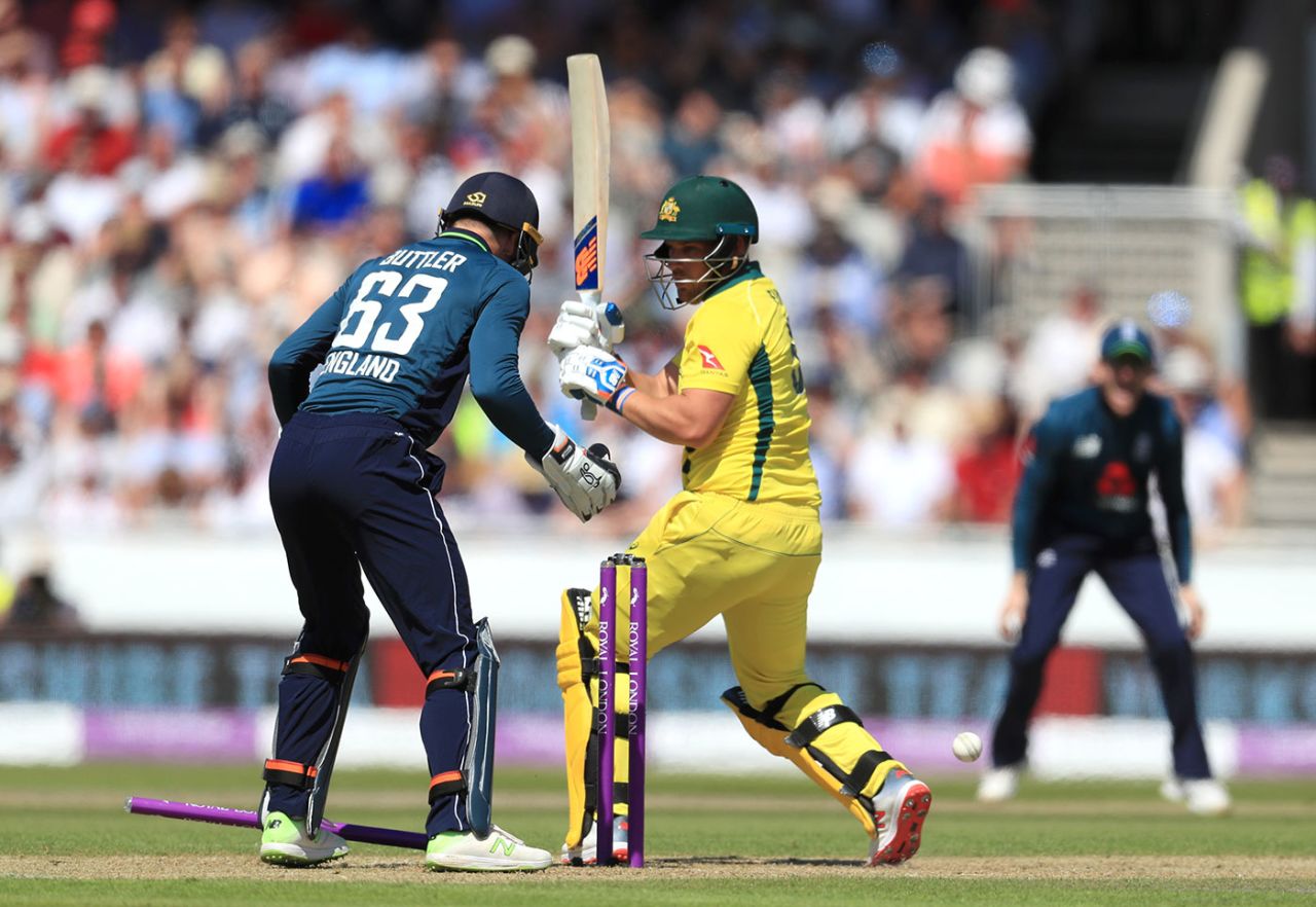 Aaron Finch missed a pull at Moeen Ali and was bowled, England v Australia, 5th ODI, Old Trafford, June 24, 2018