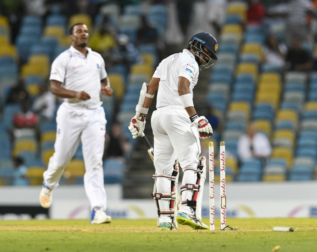 Shannon Gabriel flattens Kusal Mendis' off stump, West Indies v Sri Lanka, 3rd Test, Barbados,2nd day, June 24, 2018