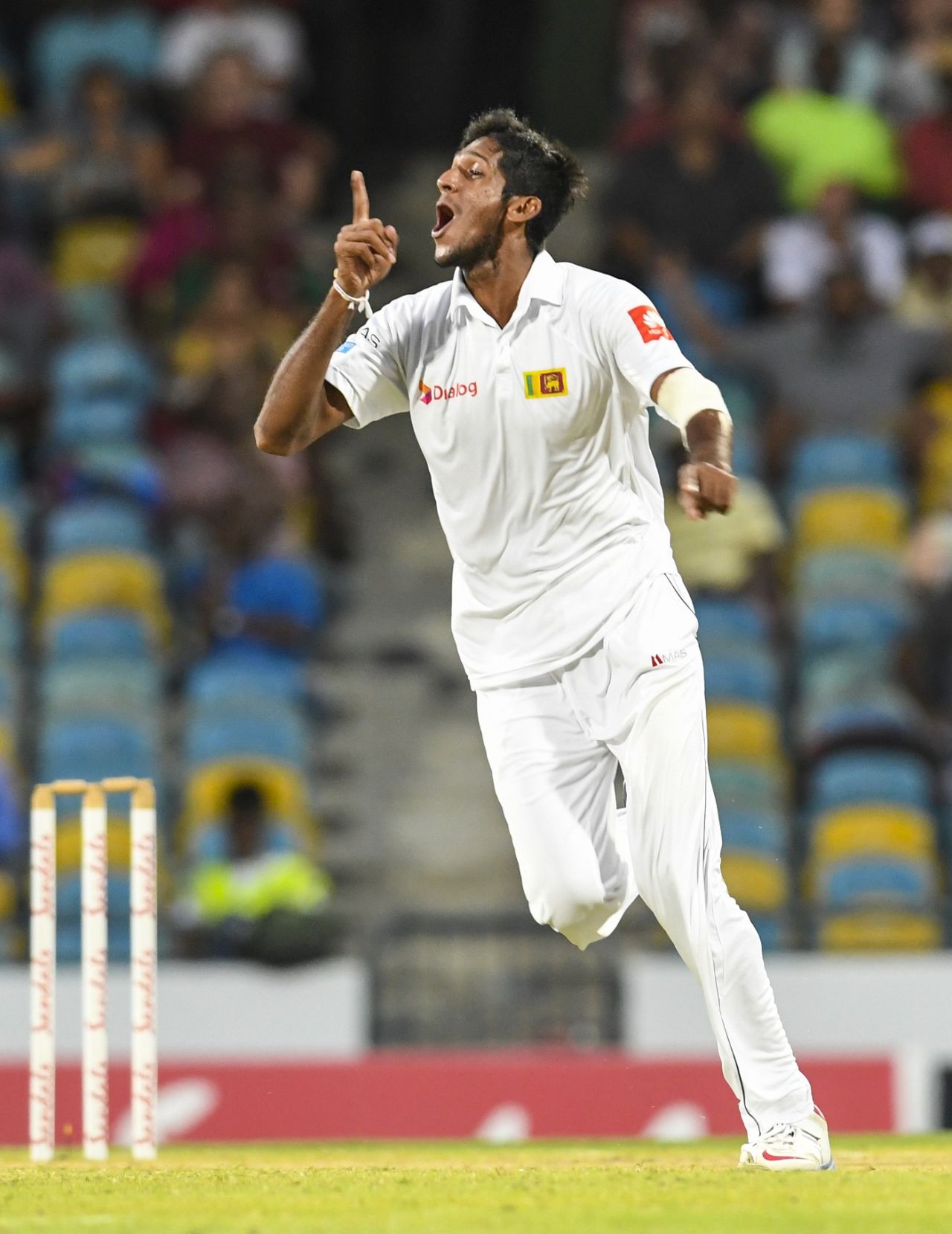 Kasun Rajitha exults after taking a wicket, West Indies v Sri Lanka, 3rd Test, Barbados, 3rd day, June 25, 2018
