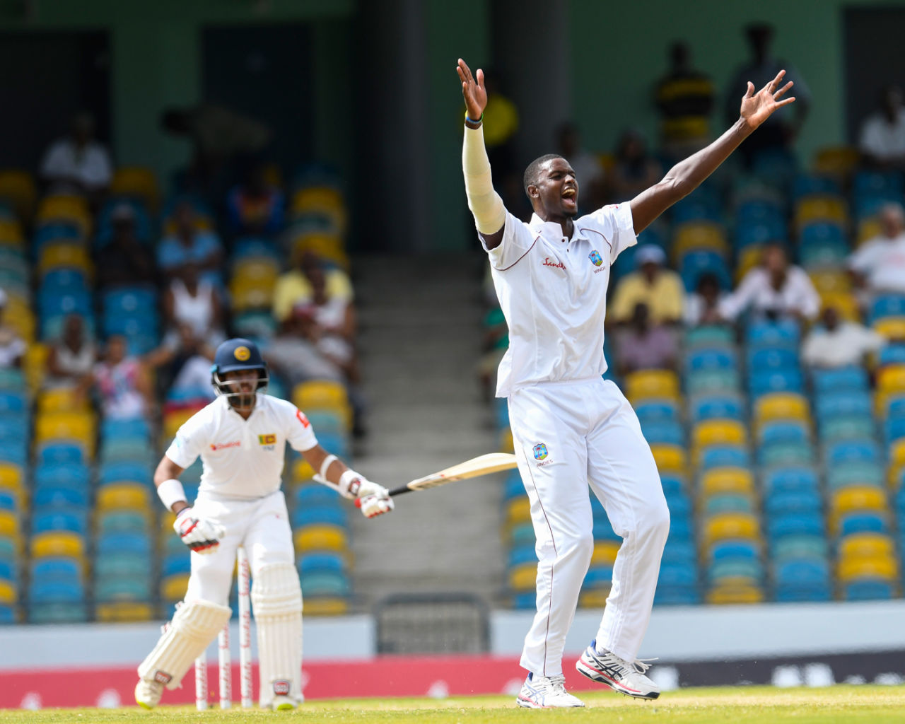 Jason Holder had Kusal Mendis lbw in the first over of the day, West Indies v Sri Lanka, 3rd Test, Barbados, 5th day, June 26, 2018