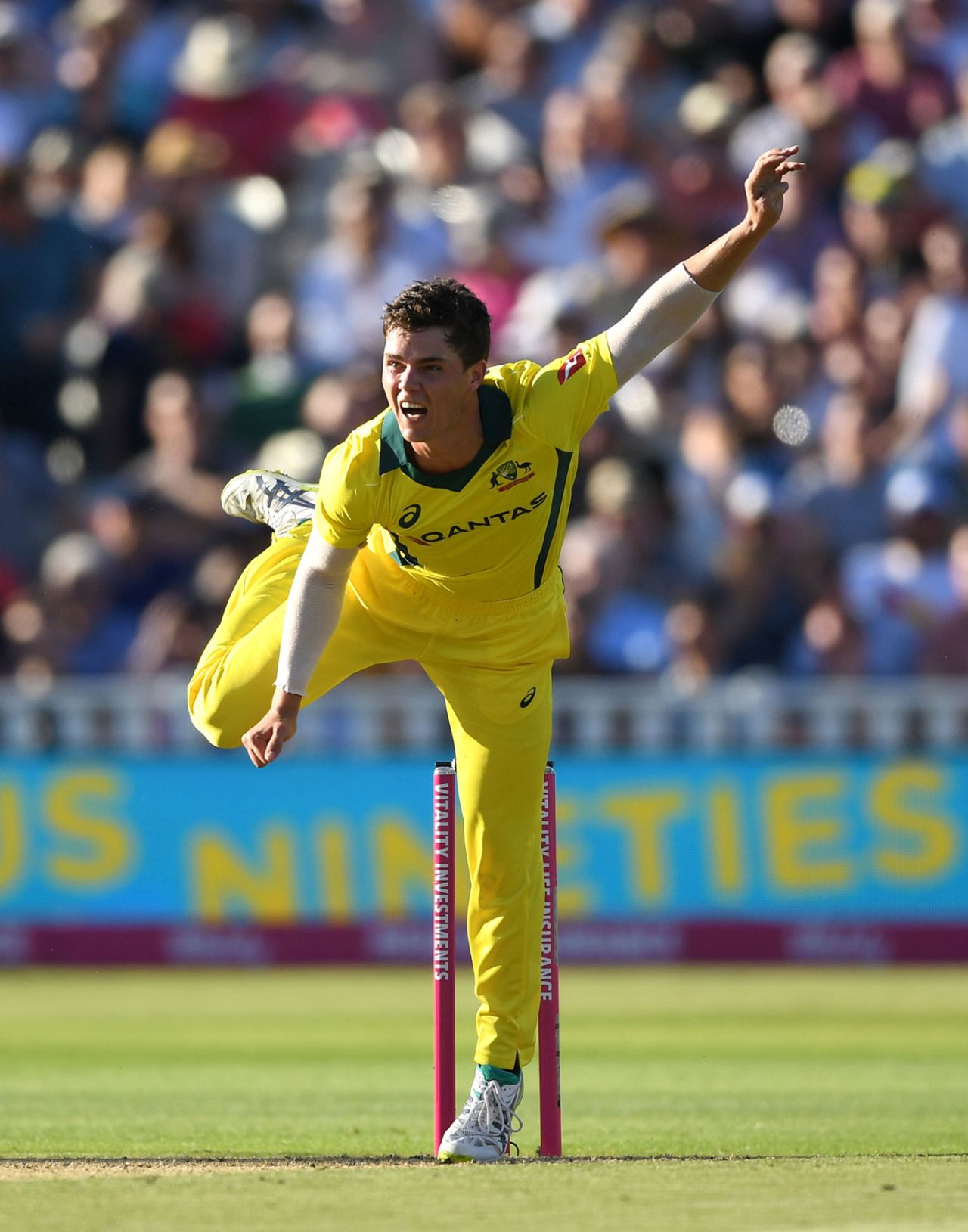 Mitchell Swepson bowls for Australia, England v Australia, only T20I, Edgbaston, June 27, 2018