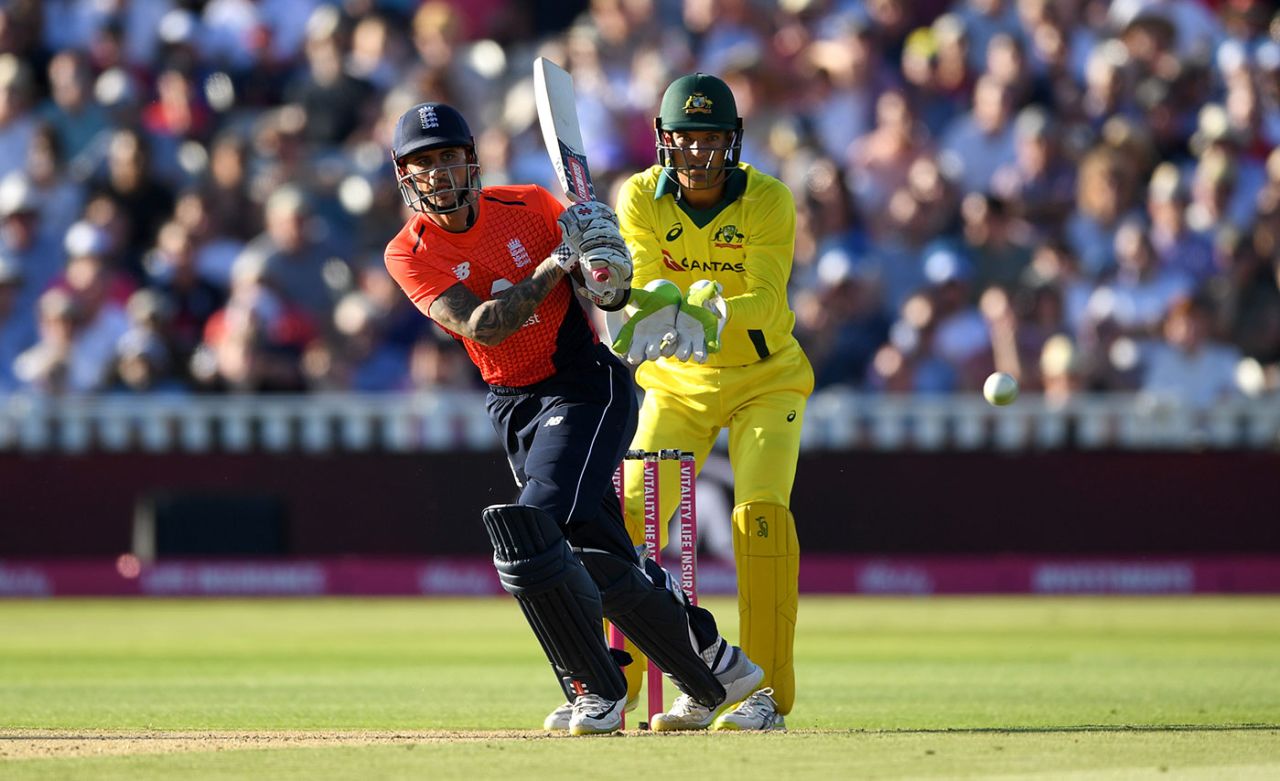 Alex Hales hits through the leg side, England v Australia, only T20I, Edgbaston, June 27, 2018
