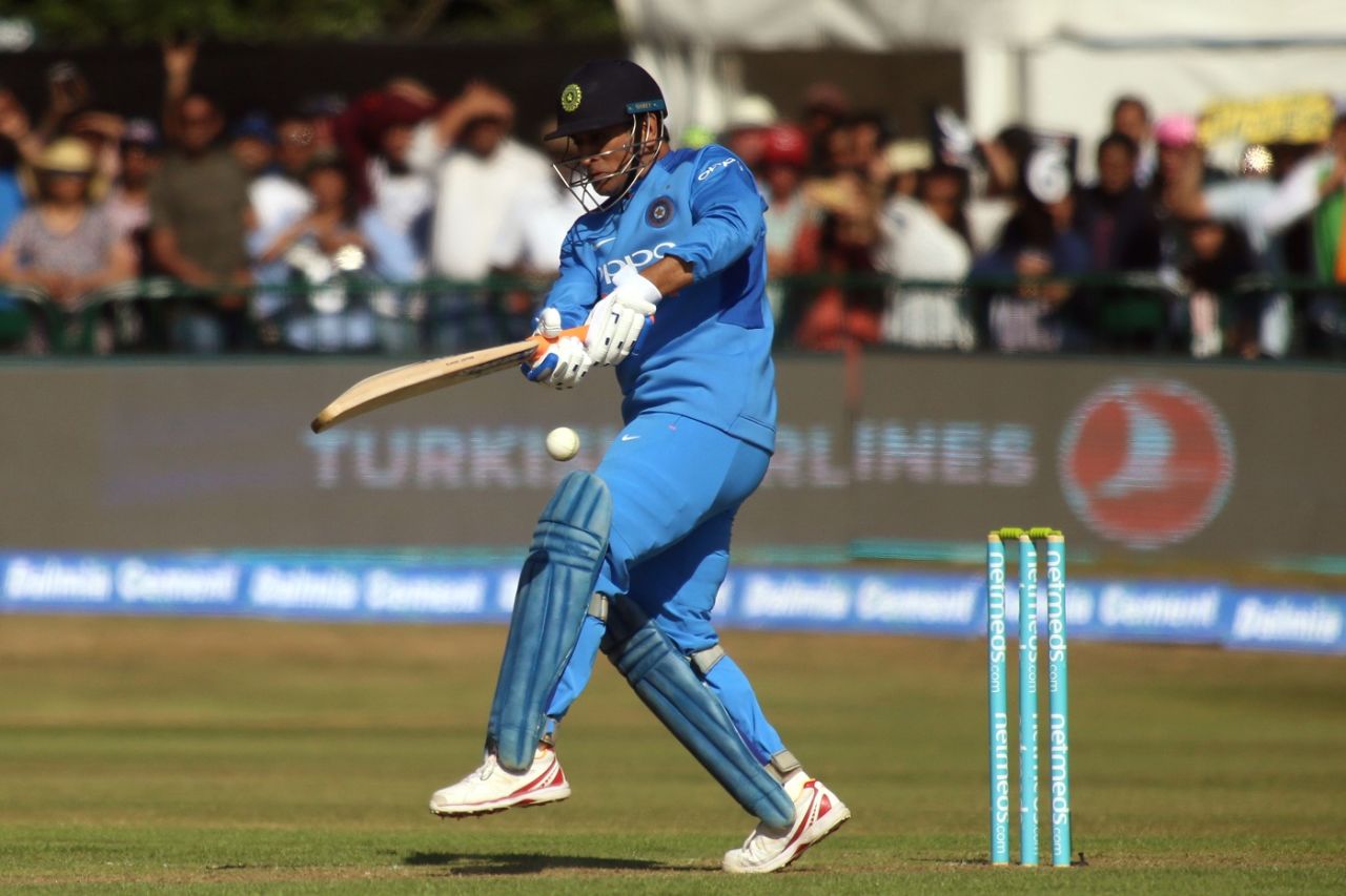MS Dhoni forces the ball down on the leg side. Ireland v India, 1st T20I, Malahide, June 27, 2018
