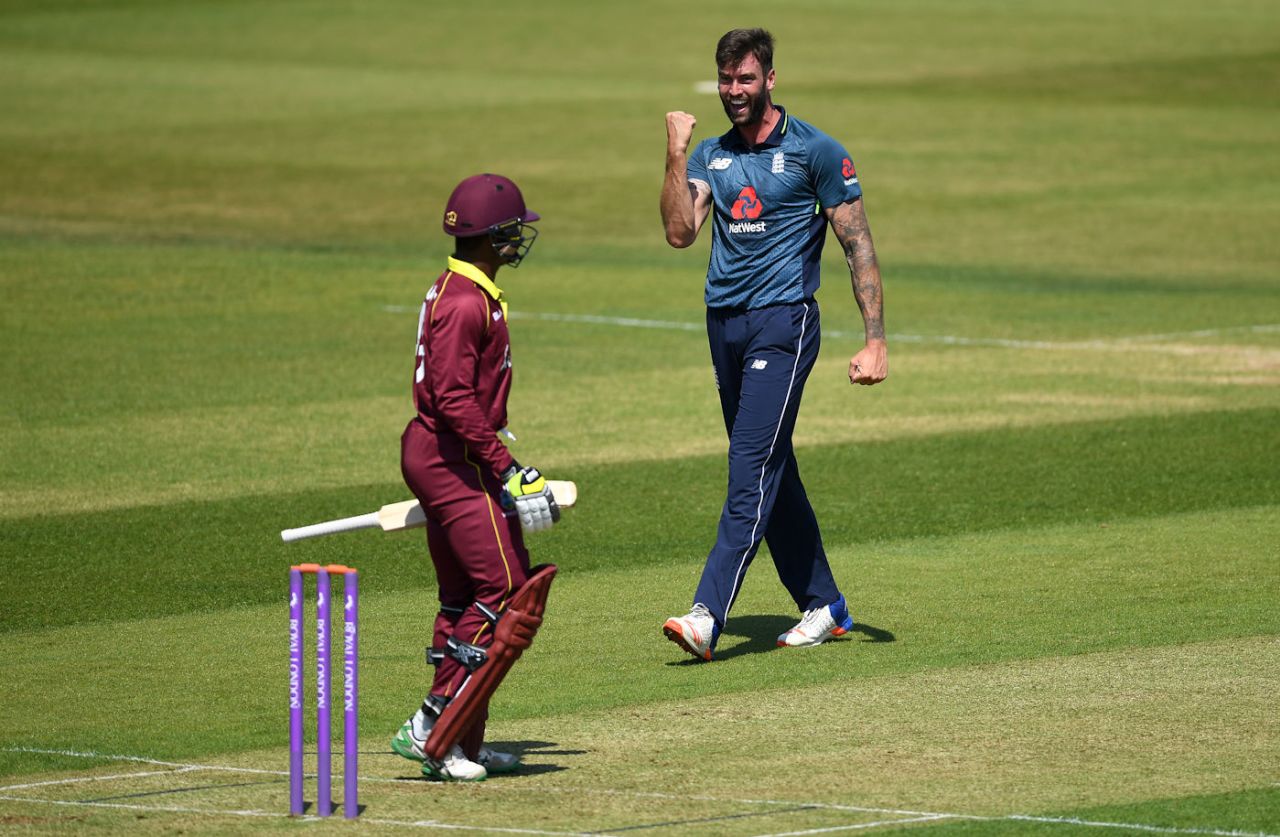 Reece Topley celebrates the wicket of Andre McCarthy, England Lions v West Indies A, Tri-series, Wantage Road, June 28, 2018