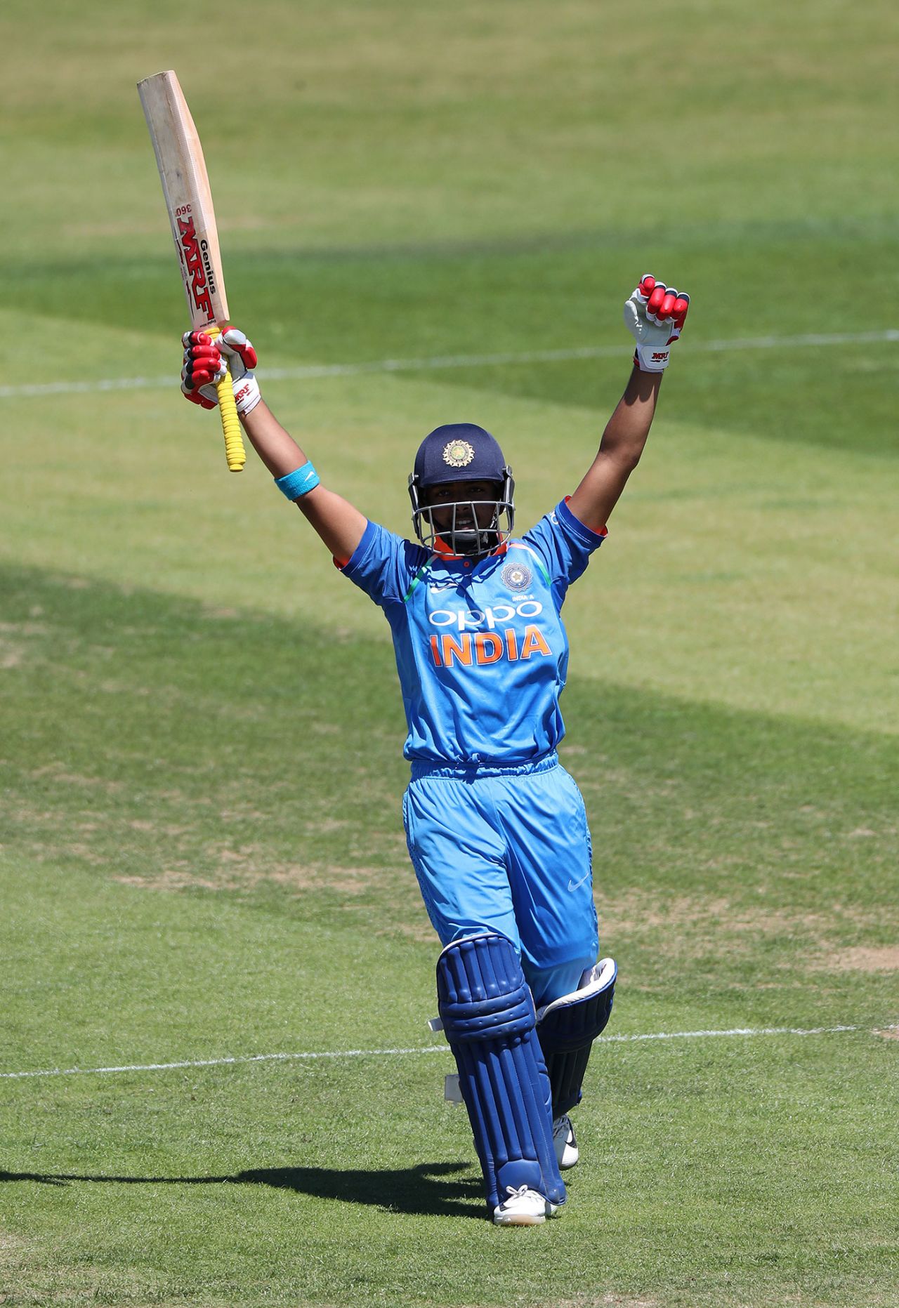 Prithvi Shaw celebrates his hundred, India A v West Indies A, Tri-series, Wantage Road, June 29, 2018
