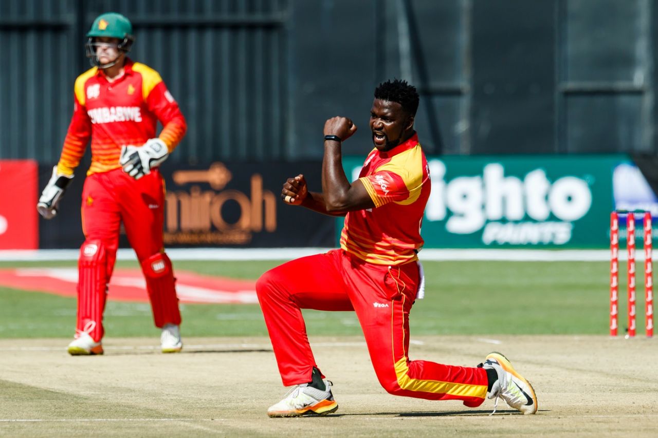 Tendai Chisoro celebrates a wicket, Zimbabwe v Pakistan, T20I tri-series Match 1, Harare, July 1, 2018