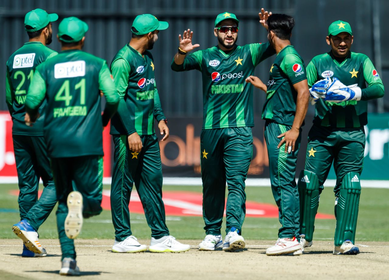 The Pakistan players celebrate a wicket, Zimbabwe v Pakistan, T20I tri-series, 1st T20I, Harare, July 1, 2018