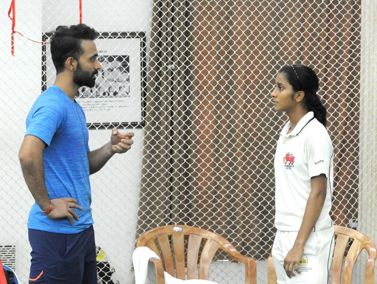Ajinkya Rahane has a chat with India women's cricketer Jemimah Rodrigues, Mumbai, July 2, 2018