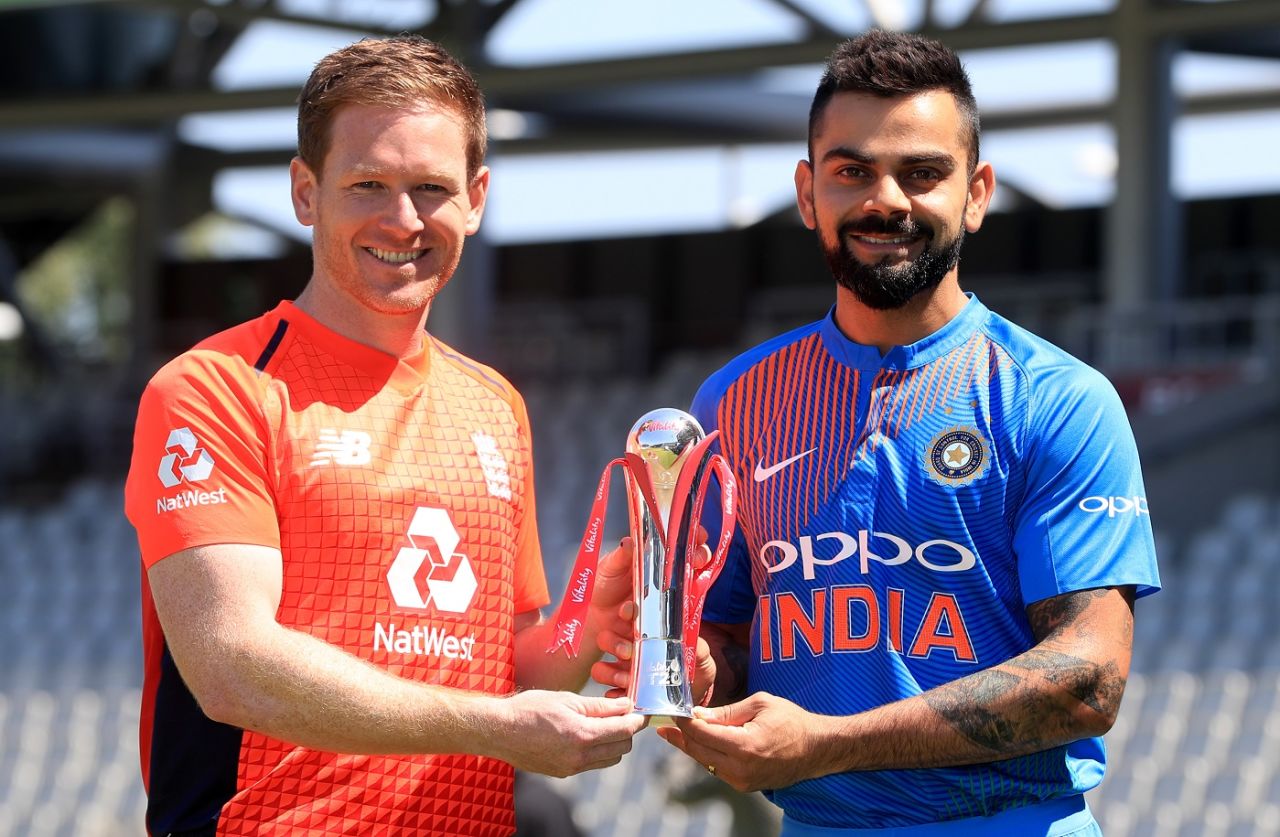 Eoin Morgan and Virat Kohli with the T20I series trophy, Old Trafford, July, 2018