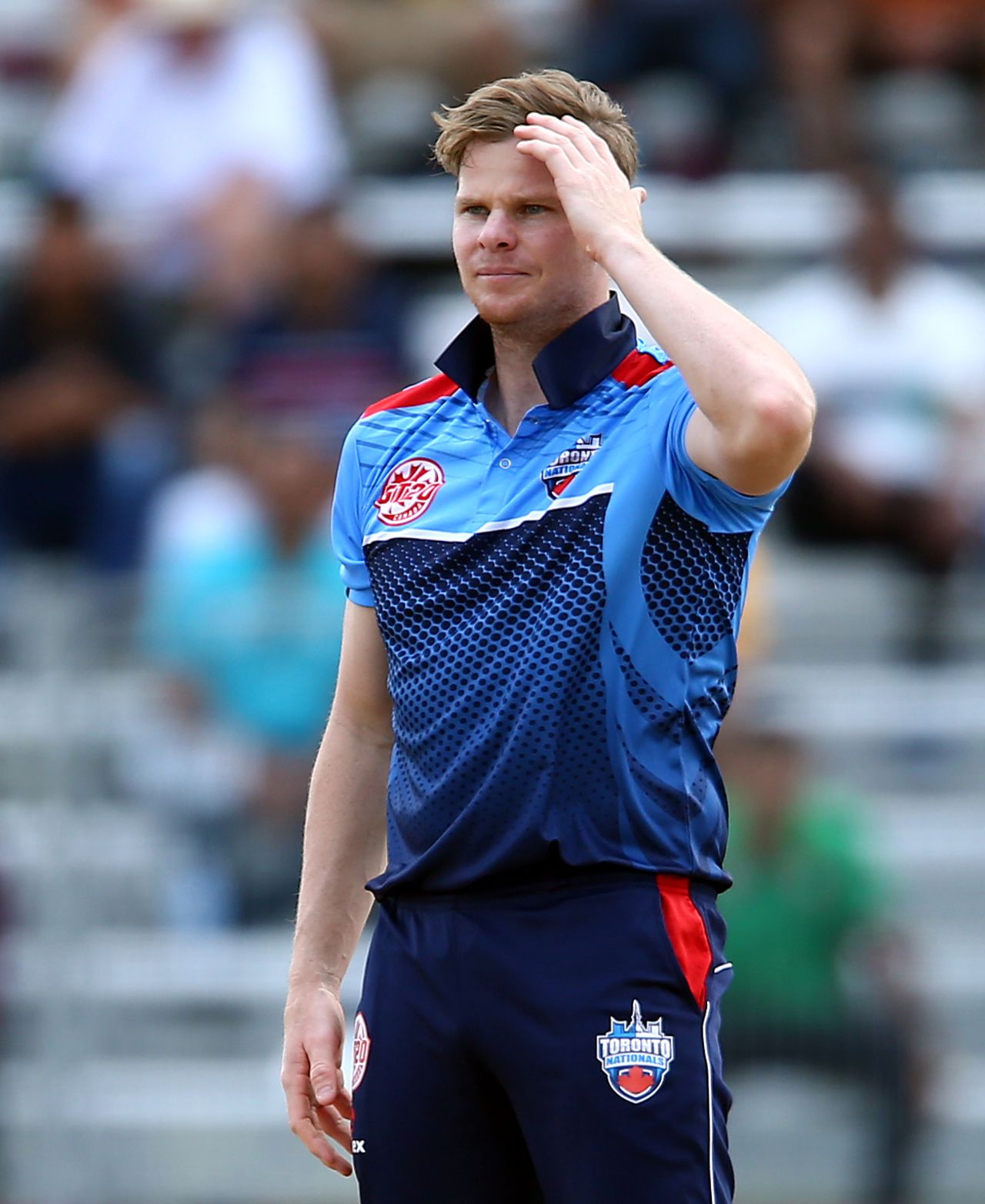Steven Smith reacts while bowling, Canada GLT20, July 2, 2018