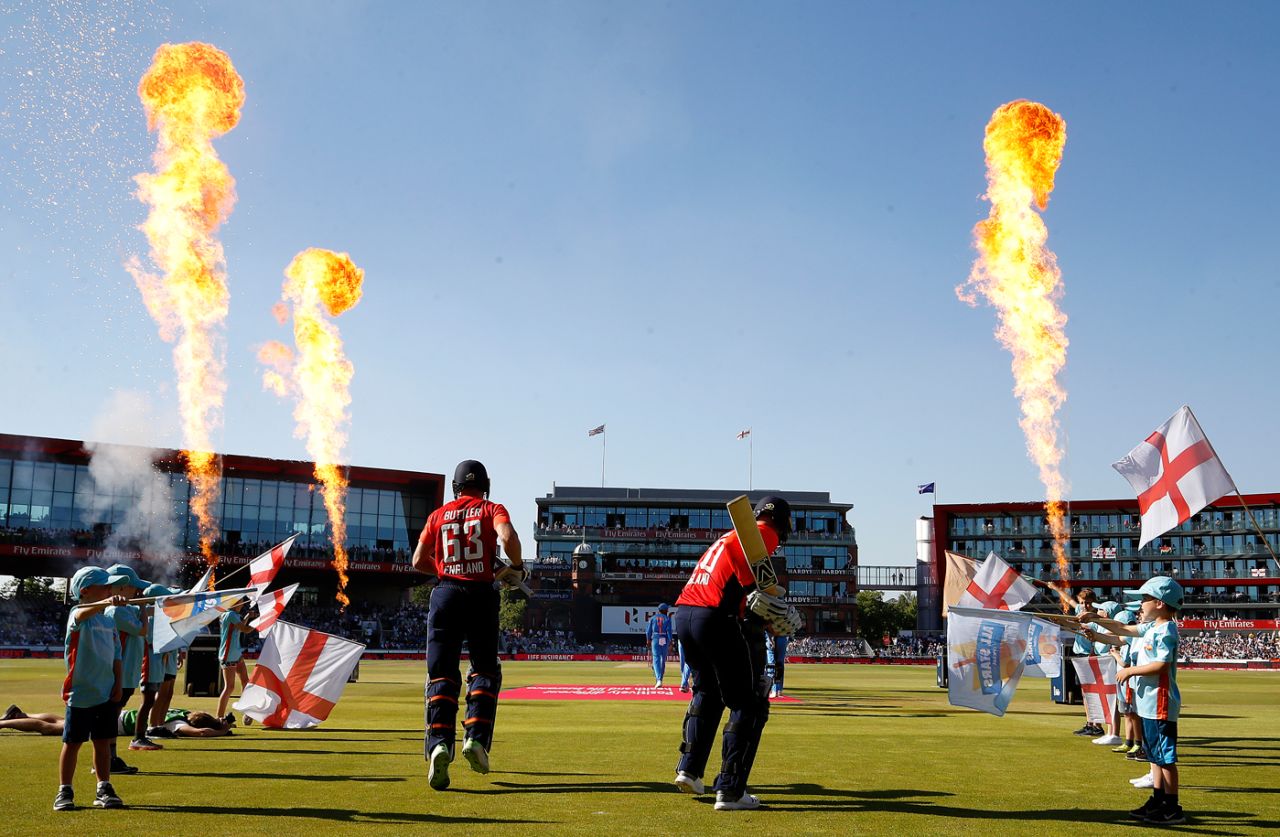England openers Jason Roy and Jos Buttler walk out to bat, England v India, 1st T20I, Manchester, July 3, 2018