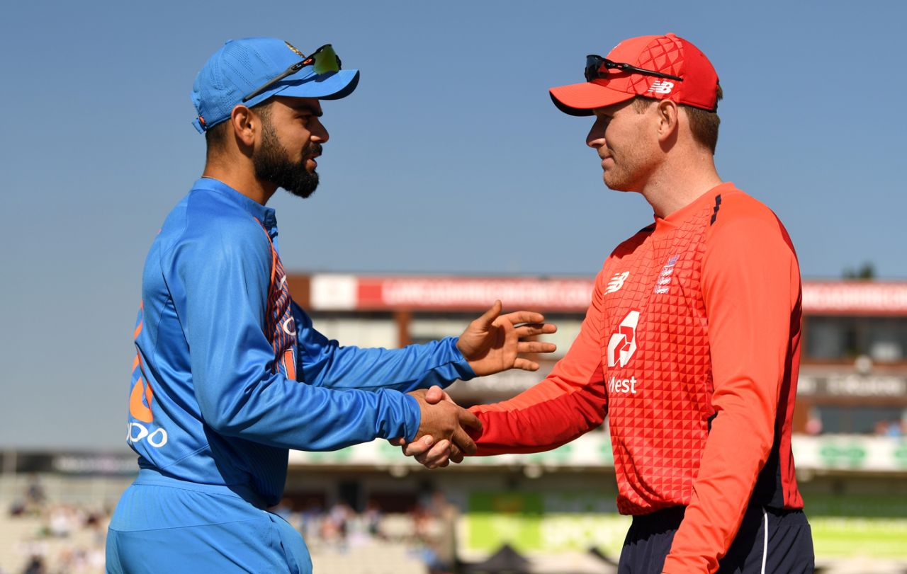 Virat Kohli and Eoin Morgan shake hands at the toss, England v India, 1st T20I, Manchester, July 3, 2018