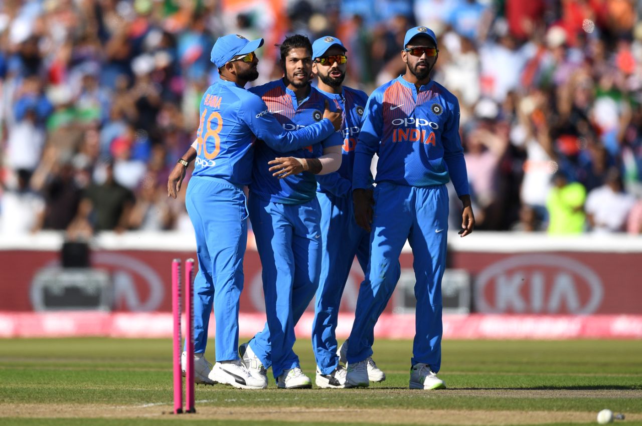 Umesh Yadav celebrates a wicket with his team-mates, England v India, 1st T20I, Manchester, July 3, 2018