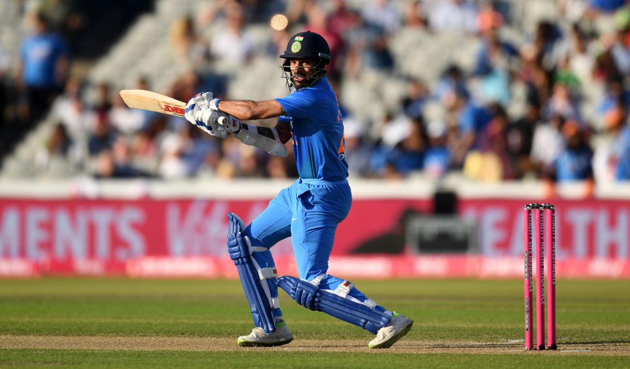 Shikhar Dhawan bunts one towards third man, England v India, 1st T20I, Manchester, July 3, 2018
