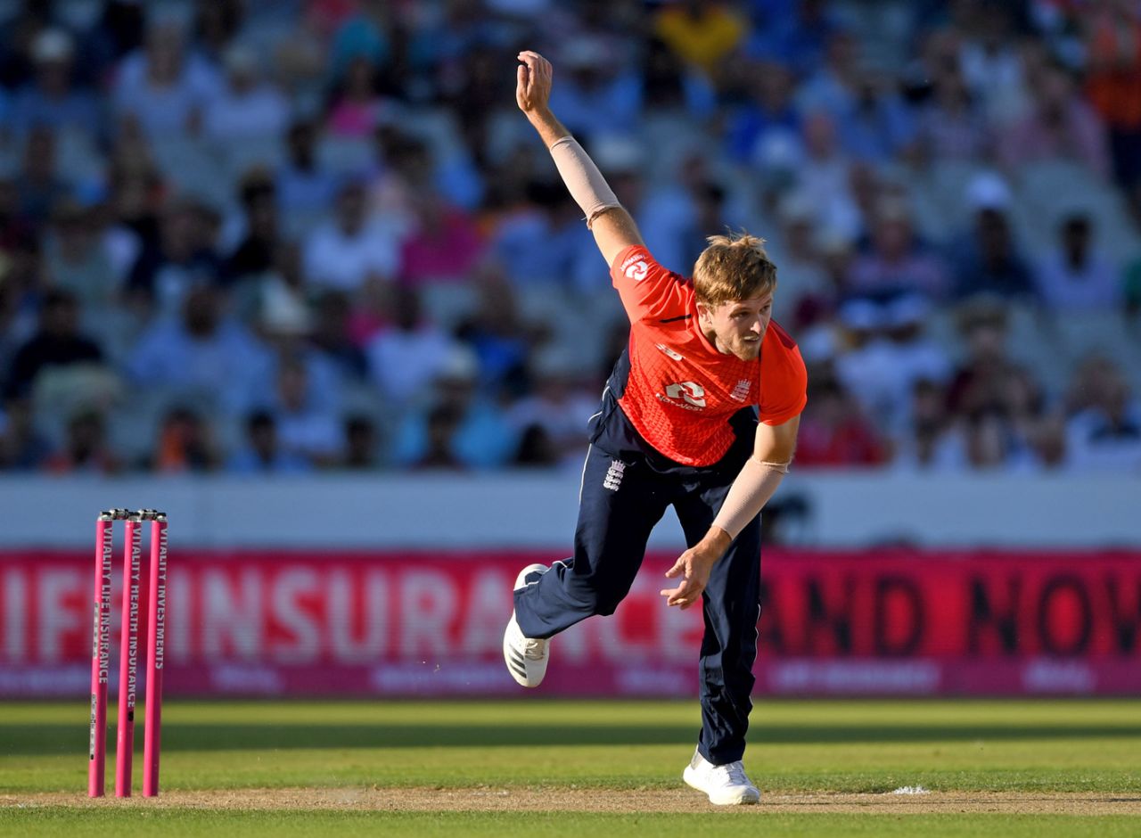 David Willey in his follow through, England v India, 1st T20I, Manchester, July 3, 2018