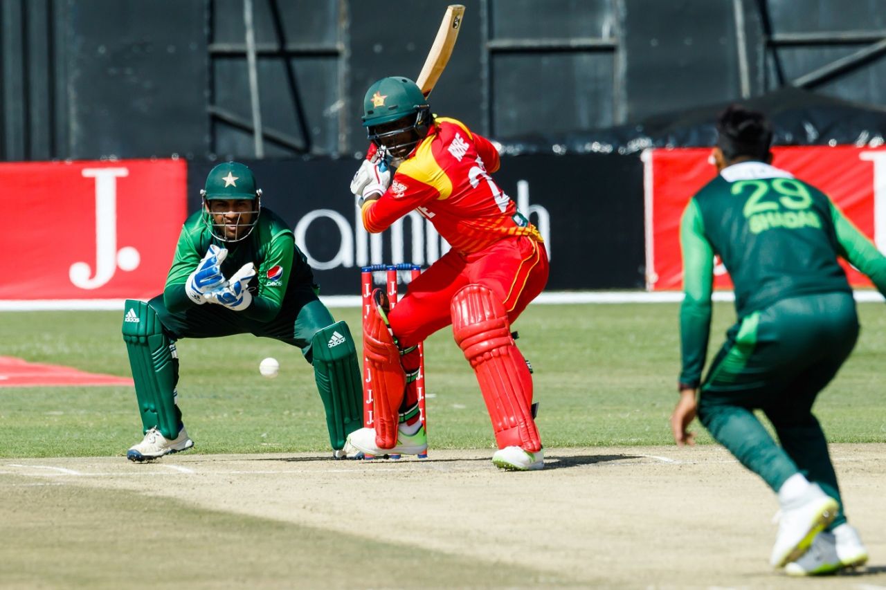 Solomon Mire shapes to cut the ball, Zimbabwe v Pakistan, Zimbabwe T20I tri-series, Harare