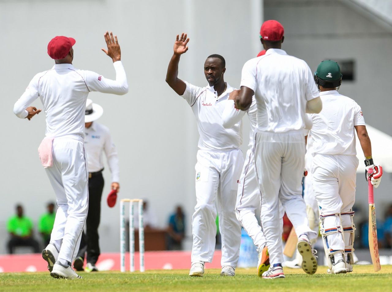 Kemar Roach celebrates a wicket, West Indies v Bangladesh, 1st Test, North Sound, 1st day, July 4, 2018