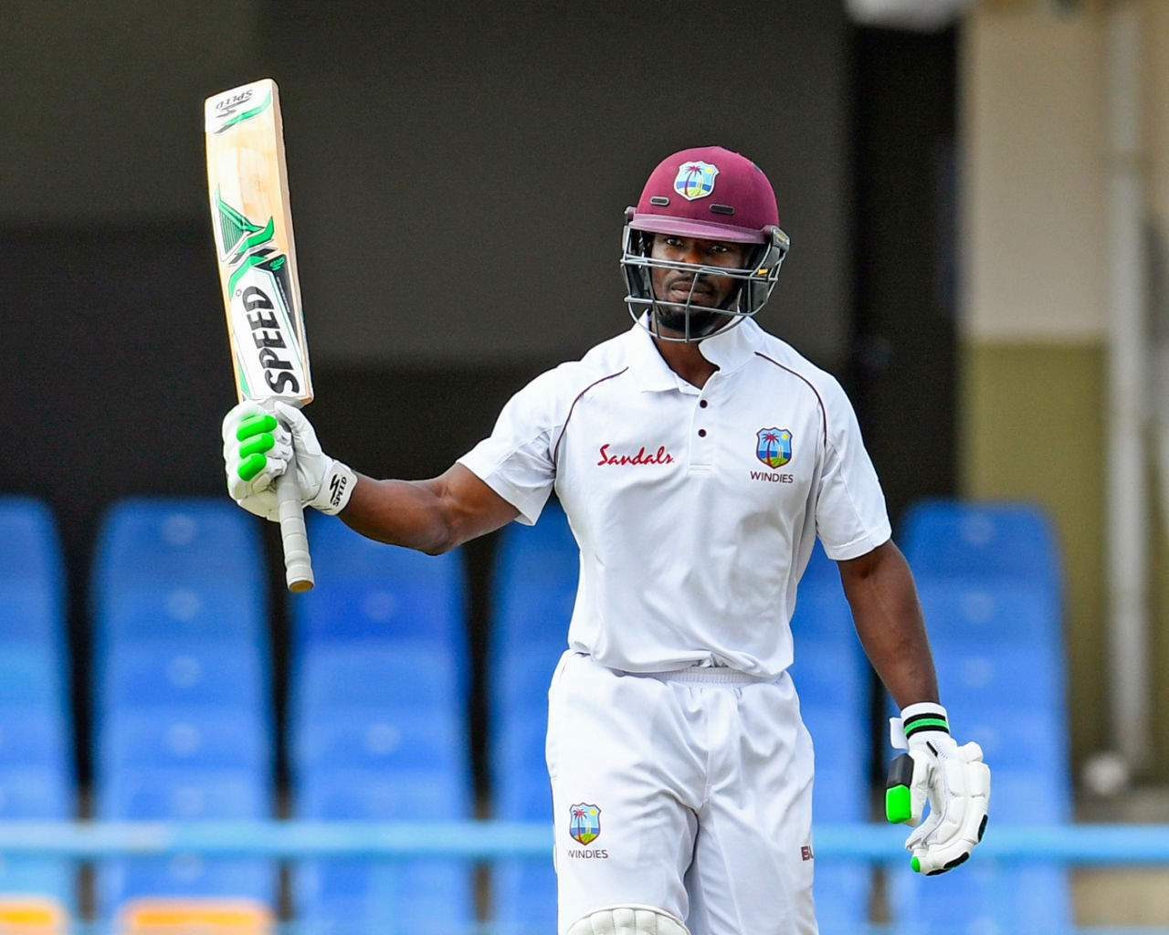 Devon Smith raises his bat after getting to his fifty, West Indies v Bangladesh, 1st Test, North Sound, 1st day, July 4, 2018
