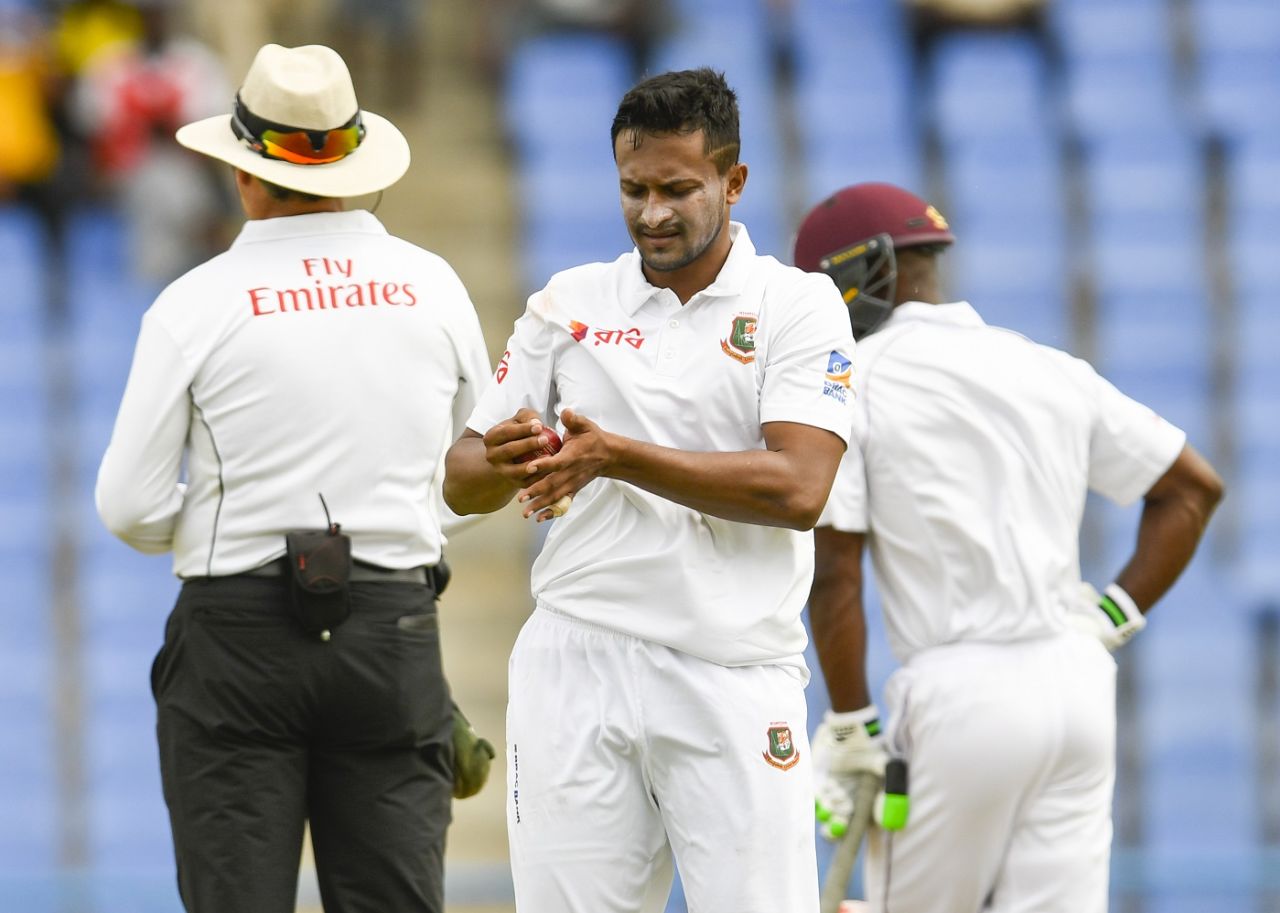 Shakib Al Hasan works on the ball, West Indies v Bangladesh, 1st Test, North Sound, 1st day, July 4, 2018