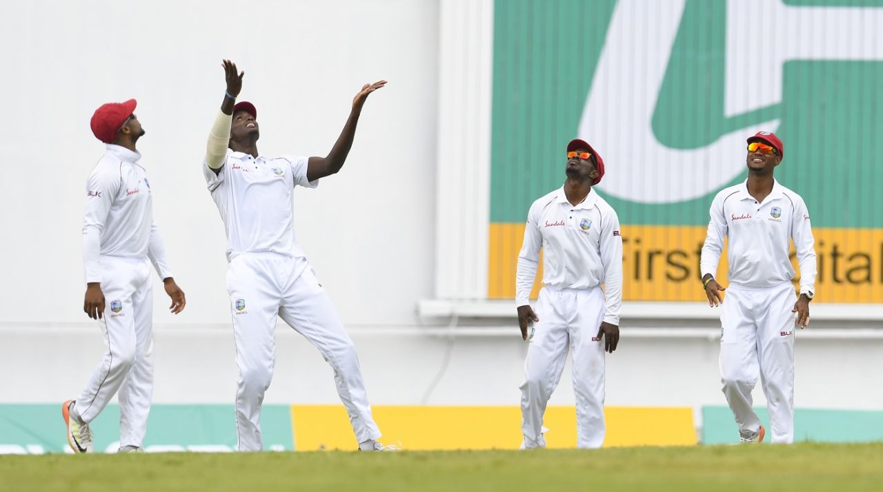 Jason Holder and his slip cordon react to a catch, West Indies v Bangladesh, 1st Test, North Sound, 1st day, July 4, 2018