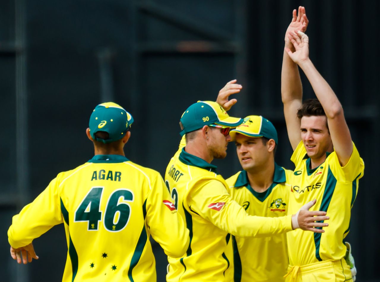 Jhye Richardson celebrates a wicket with his team-mates, Australia v Pakistan, 5th match, T20I Tri-series, July 5, 2018