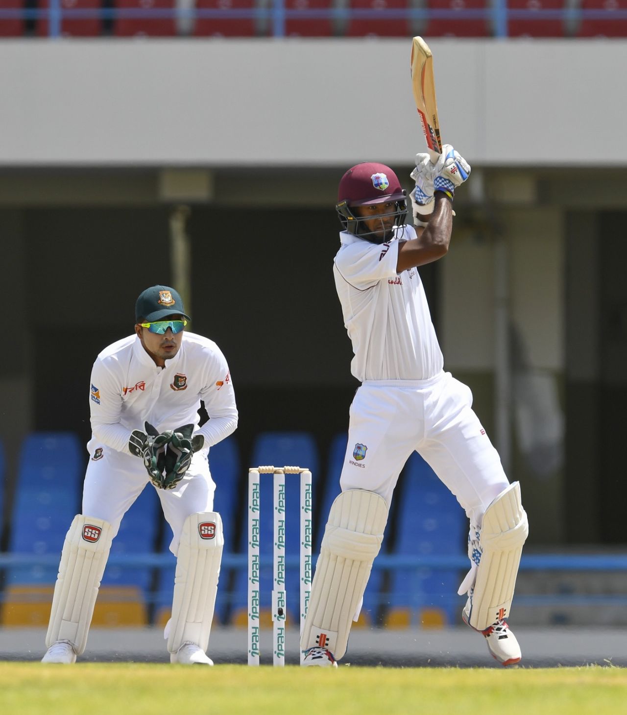 Kraigg Brathwaite forces one off the back foot, West Indies v Bangladesh, 1st Test, North Sound, 2nd day, July 5, 2018