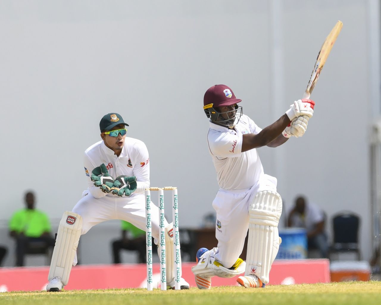 Kemar Roach hits out as Nurul Hasan watches, West Indies v Bangladesh, 1st Test, North Sound, 2nd day, July 5, 2018