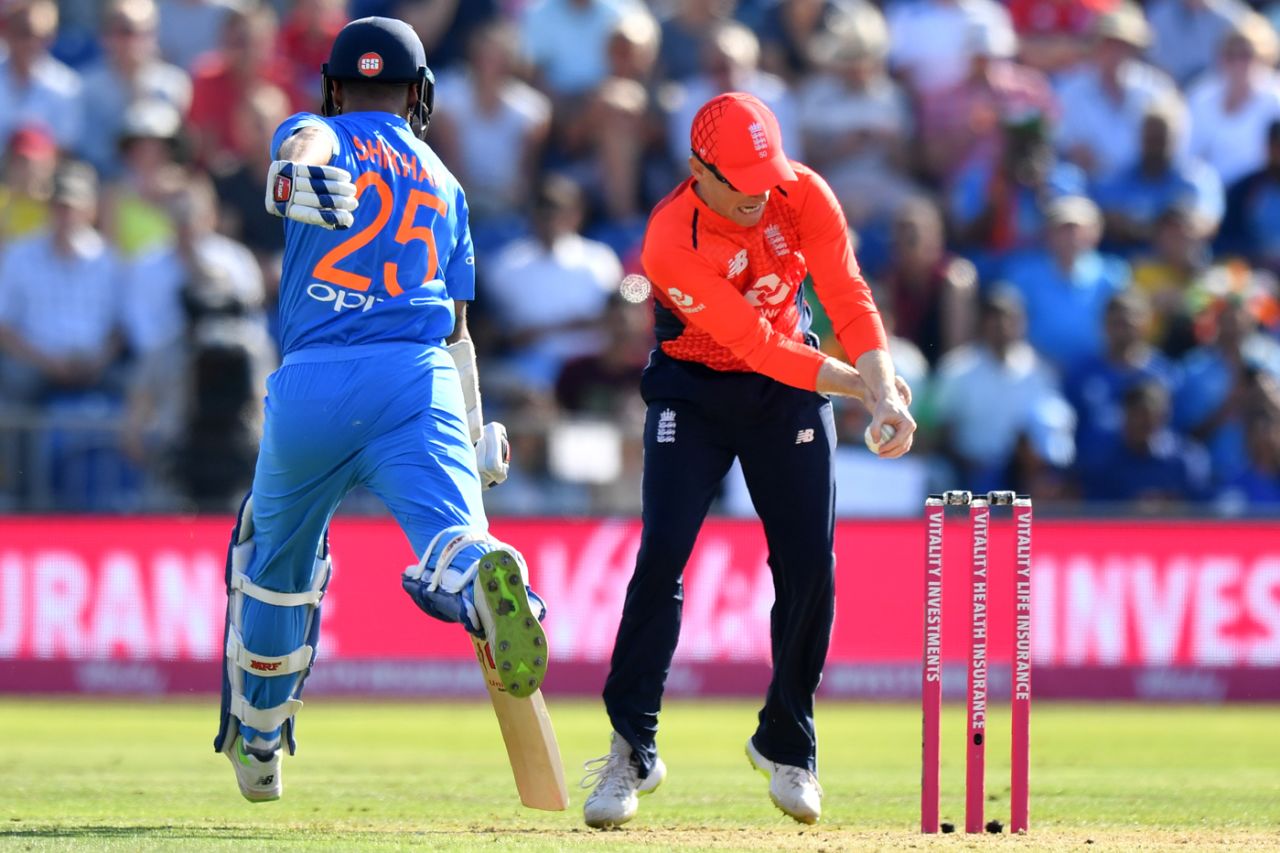 Shikhar Dhawan was caught short of his ground by Eoin Morgan, England v India, 2nd T20I, Cardiff, July 6, 2018