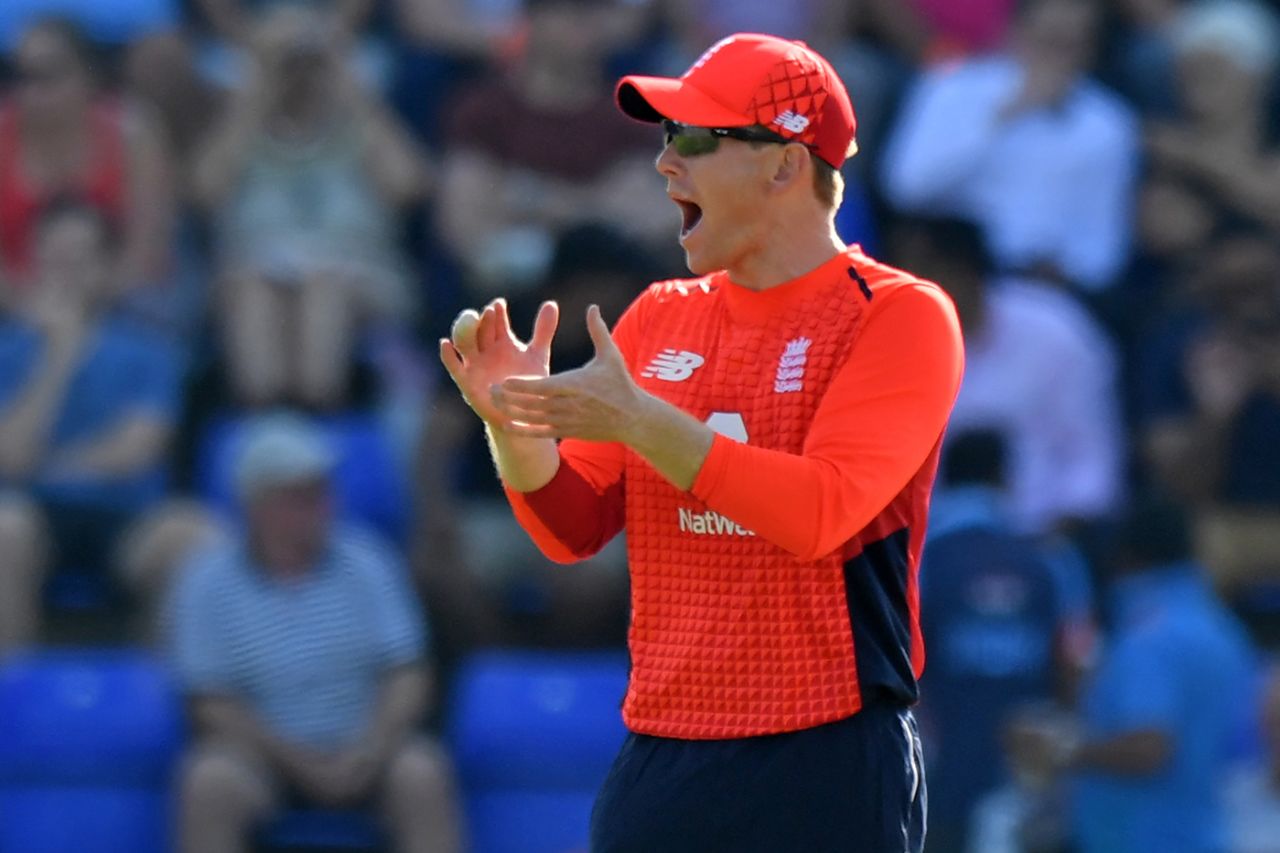 Eoin Morgan reacts in the field, England v India, 2nd T20I, Cardiff, July 6, 2018