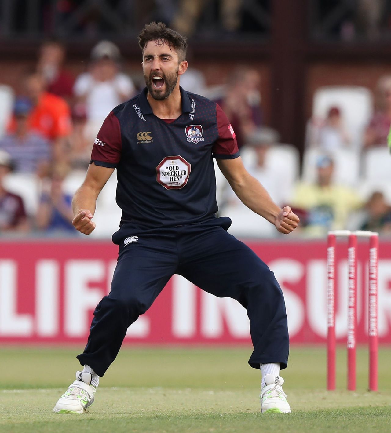 Ben Sanderson of Northamptonshire celebrates after bowling Riki Wessels during the Vitality Blast match between Northamptonshire Steelbacks and Nottinghamshire Outlaws at The County Ground on July 6, 2018