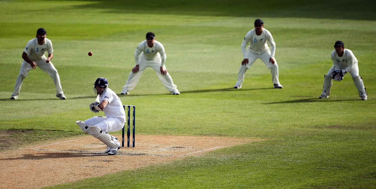 Steven Finn ducks, New Zealand v England, 1st Test, Dunedin, 5th day, March 10, 2013