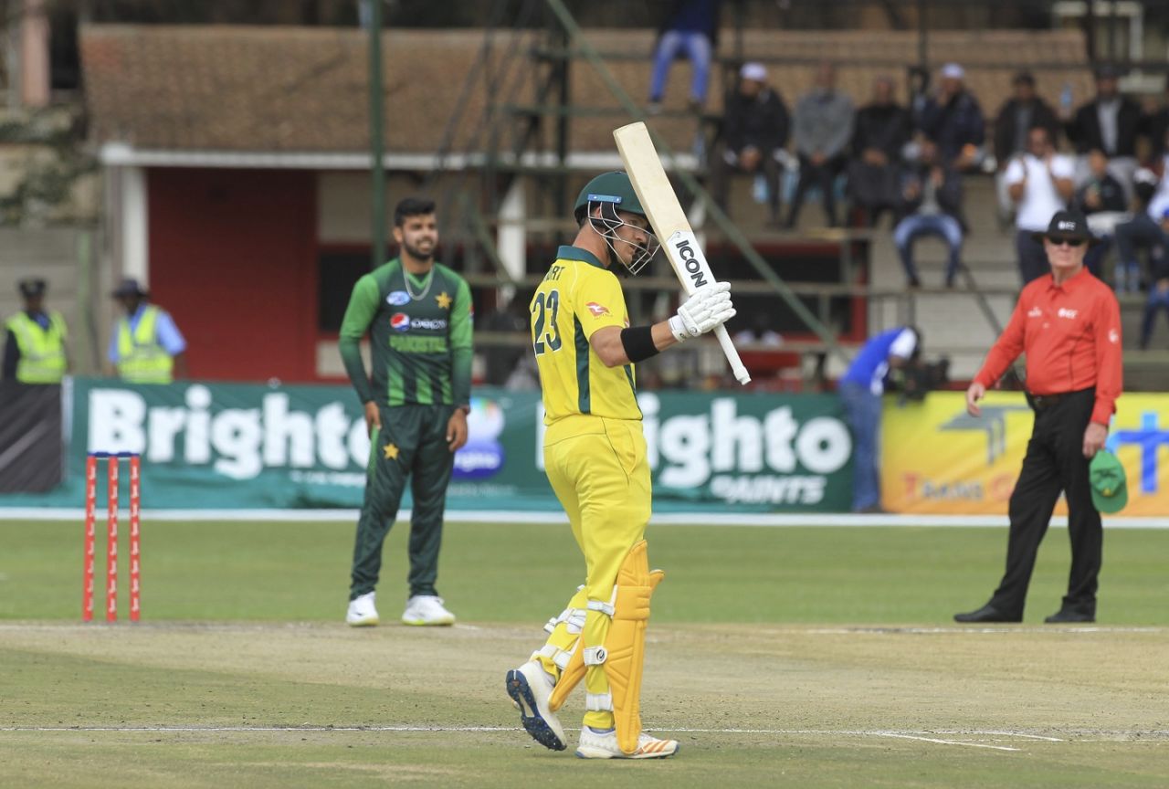D'Arcy Short celebrates a half-century in the tri-series final, Australia v Pakistan, Zimbabwe tri-series final, Harare, July 8, 2018
