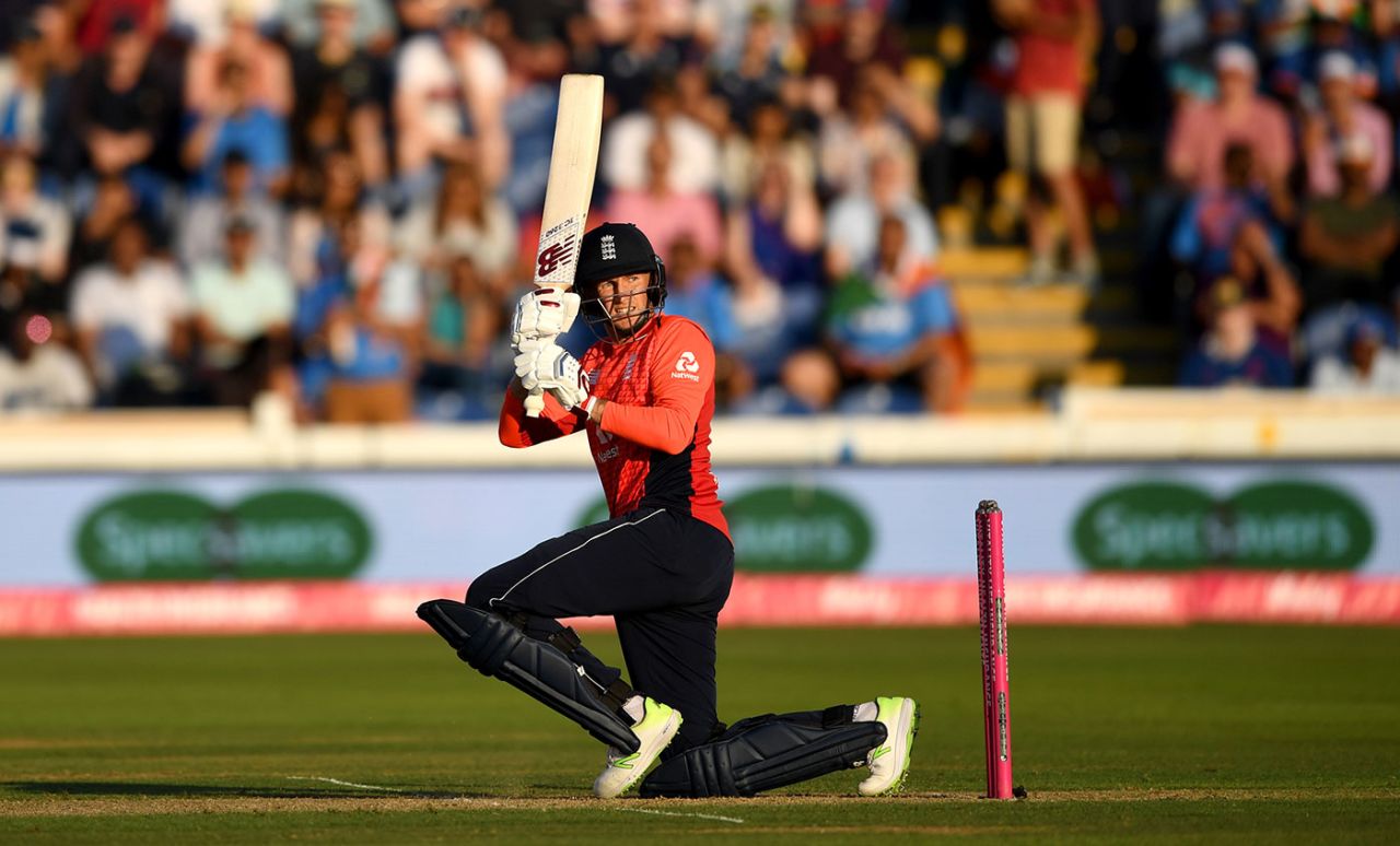 Joe Root gets down to sweep, England v India, 2nd T20I, Cardiff, July 6, 2018