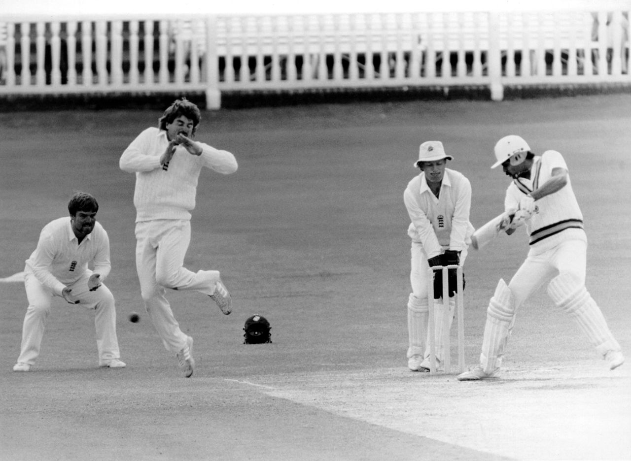 Allan Lamb takes evasive action as Kapil Dev cuts, England v India, first Test, Lord's, day five, June 10, 1986