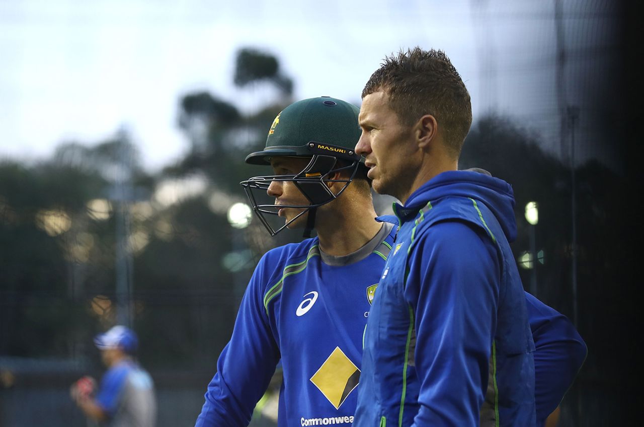 Peter Handscomb (left) and Peter Siddle during a nets session ahead of the Test, Australia v South Africa, Adelaide, November 22, 2016