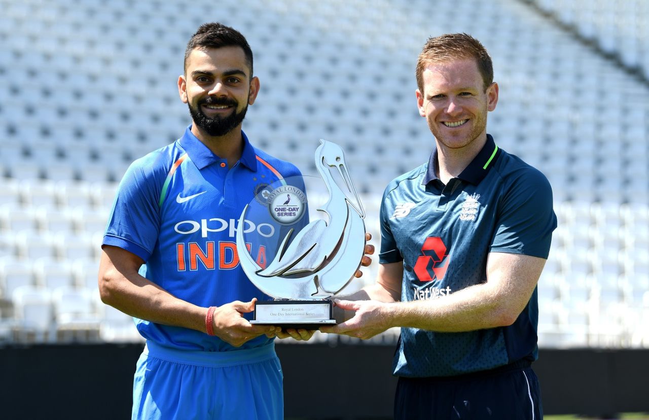 Virat Kohli and Eoin Morgan pose with the trophy, Nottingham, July 11, 2018