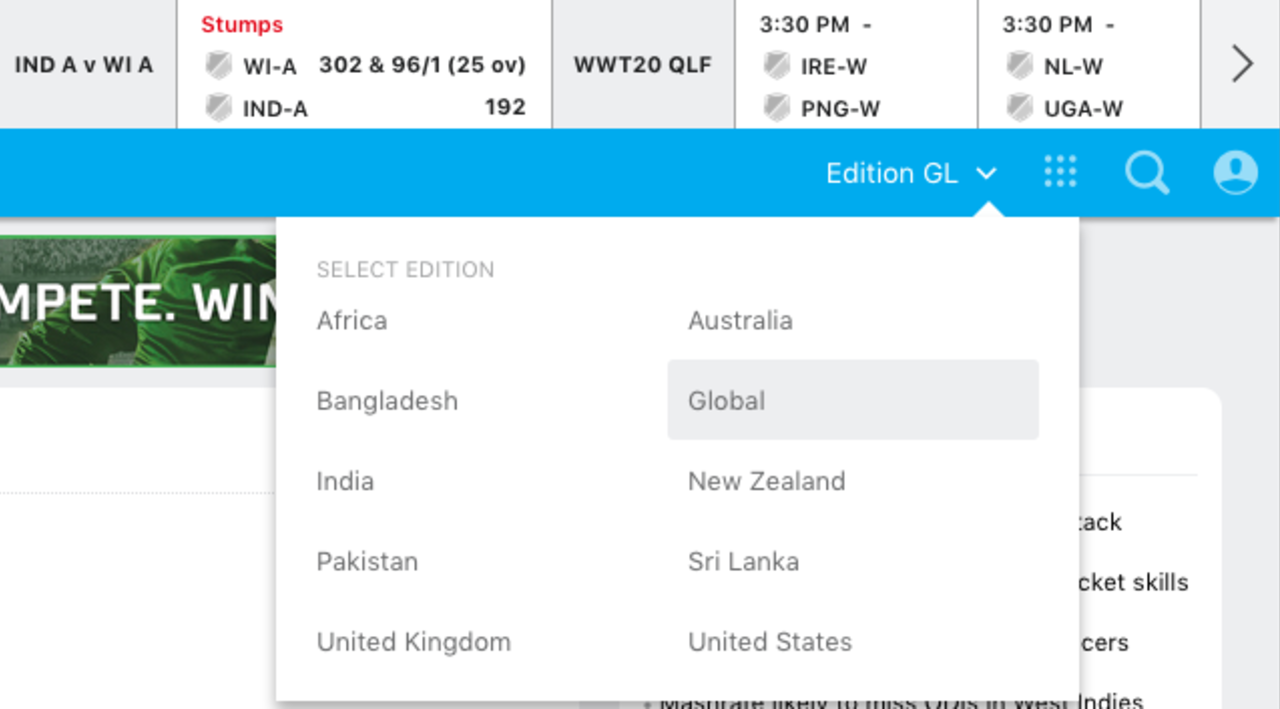Screenshot: ESPNcricinfo's editions dropdown
