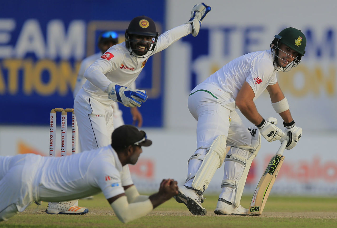 Aiden Markram jabs a Rangana Herath delivery to first slip, Sri Lanka v South Africa, 1st Test, Galle, 1st day, July 12, 2018