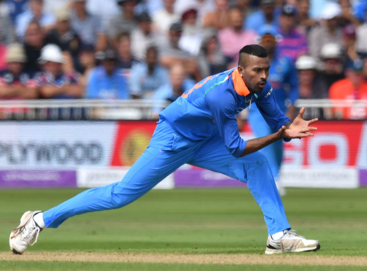Hardik Pandya fields off his own bowling, England v India, 1st ODI, Nottingham, July 12, 2018